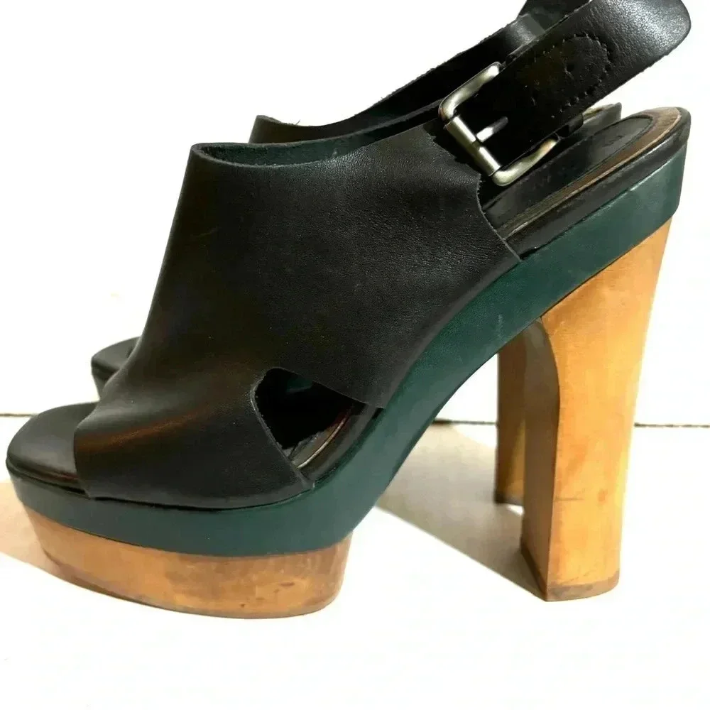 Marni + H&M black green wood leather chunky heel’s platform sandals